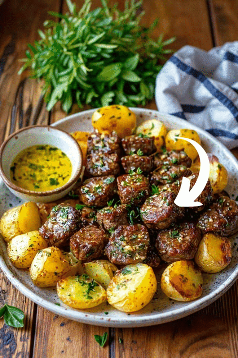 Tender beef meatballs with herbs served alongside roasted baby potatoes, garnished with fresh parsley, on a rustic wooden table featuring a bowl of sauce and a sprig of fresh greenery.