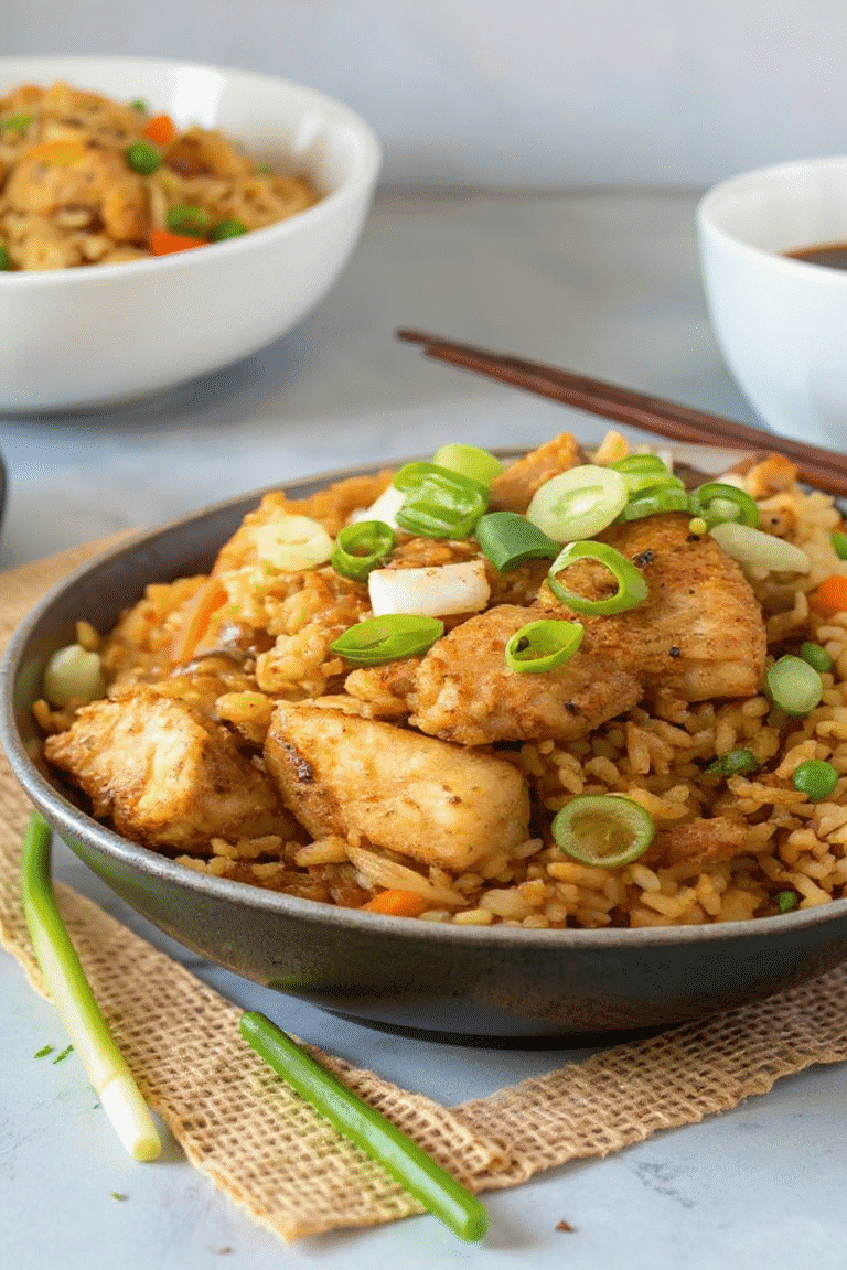 Crispy chicken fried rice bowl garnished with green onions, served in a black bowl on burlap cloth, with side bowls of sauce and rice, Asian cuisine, homemade comfort food, delicious and savory recipe.