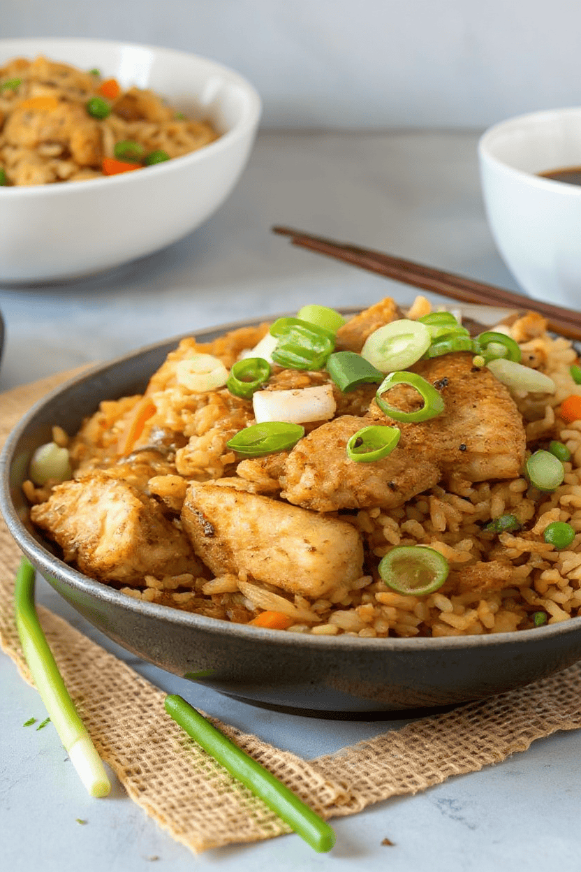 Crispy chicken fried rice bowl garnished with green onions, served in a black bowl on burlap cloth, with side bowls of sauce and rice, Asian cuisine, homemade comfort food, delicious and savory recipe.