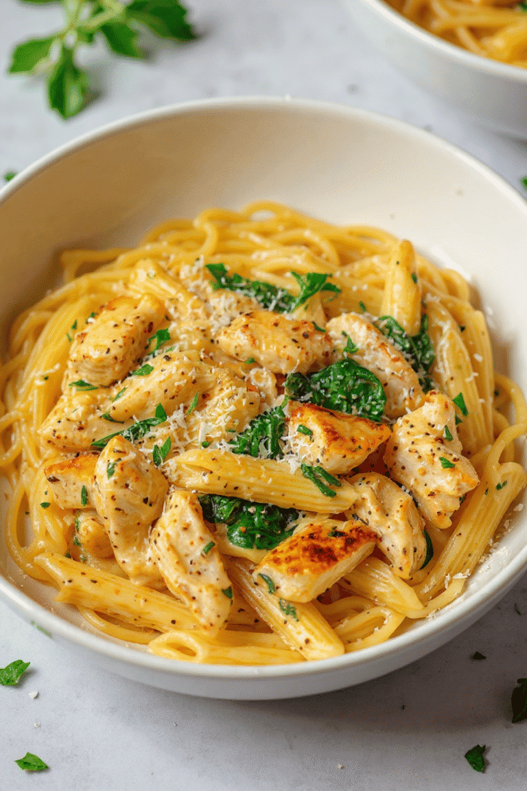 Creamy chicken and spinach parmesan pasta served in a white bowl, featuring tender shredded chicken, fresh spinach, and al dente spaghetti topped with grated parmesan cheese. Perfect for easy weeknight dinners.