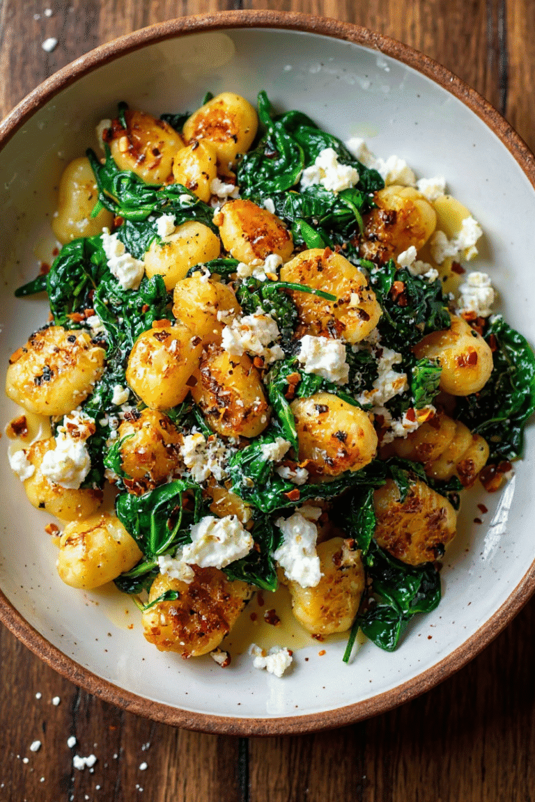 Golden roasted gnocchi with sautéed spinach, crumbled feta, and a drizzle of balsamic glaze, served in a rustic bowl for a delicious home-cooked meal.