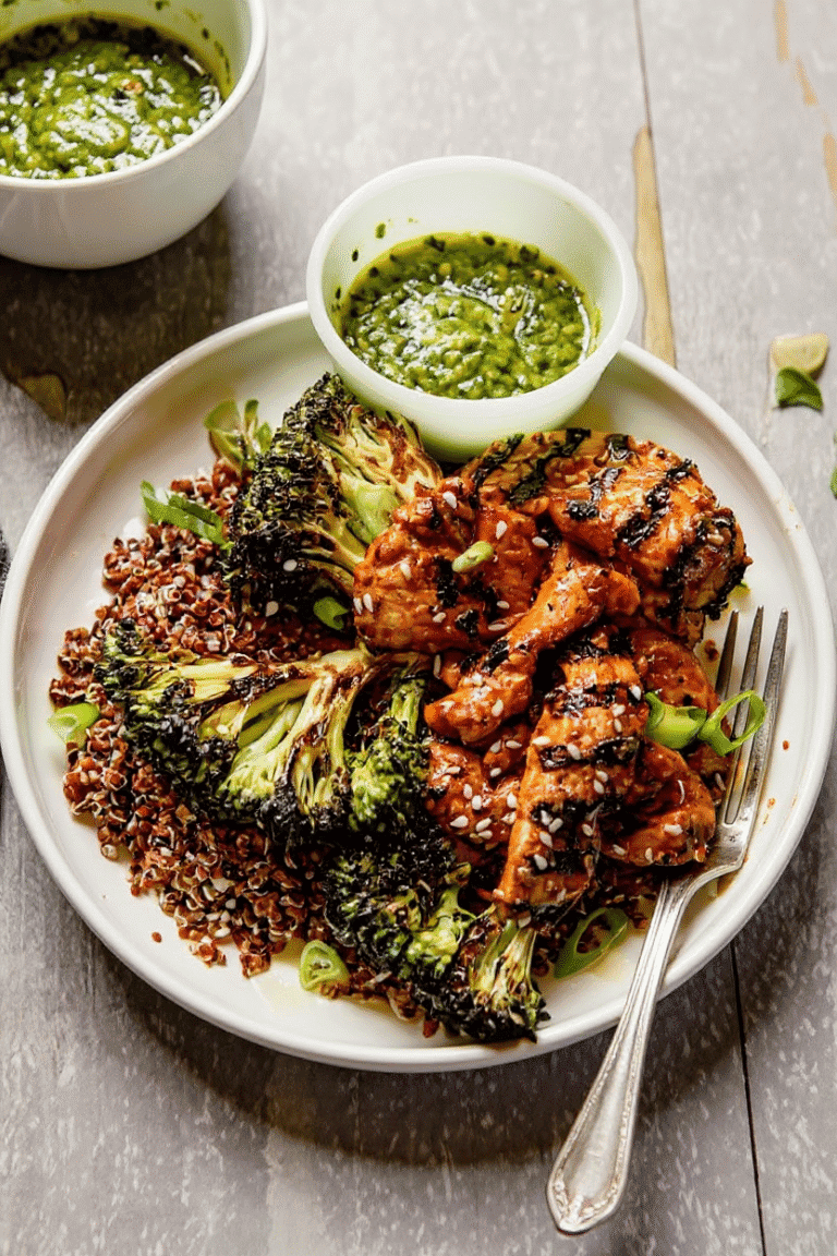 Savory grilled chicken with a side of quinoa and charred broccoli, drizzled with balsamic glaze and topped with sesame seeds on a white plate with green herb sauce in a small bowl.