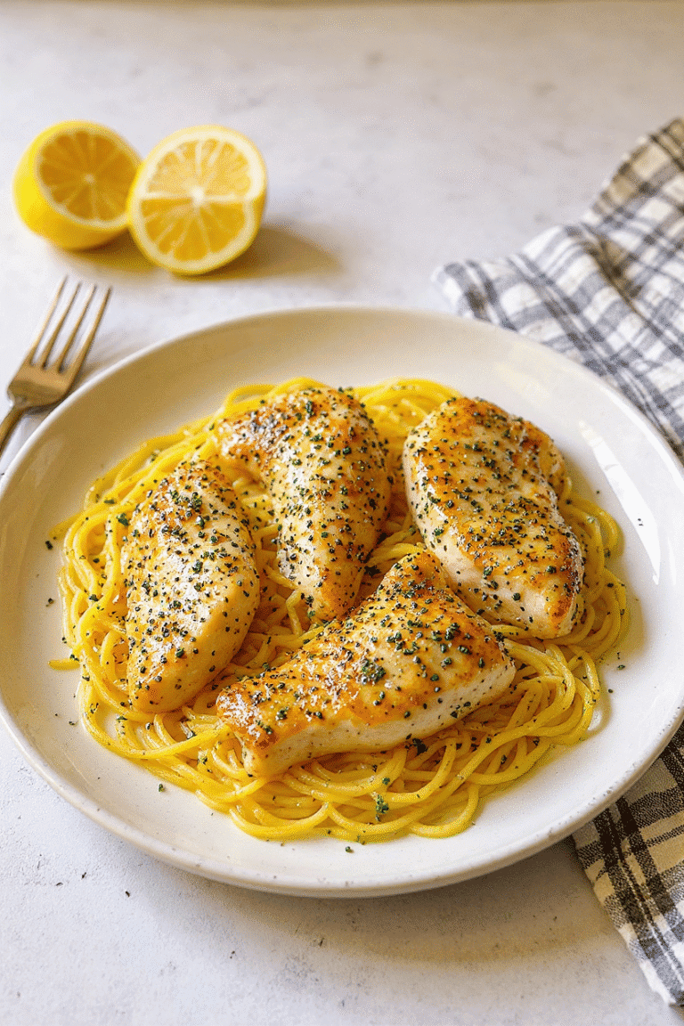 Grilled chicken on lemon garlic pasta dish, healthy Italian dinner, easy homemade meal, delicious lemon-seasoned chicken with spaghetti, food photography, Recipestang recipe inspiration, fresh ingredients, culinary cooking, savory chicken and pasta, comforting food, fresh lemon slices, balanced meal, tender chicken breasts, flavorful pasta, gourmet home cooking.