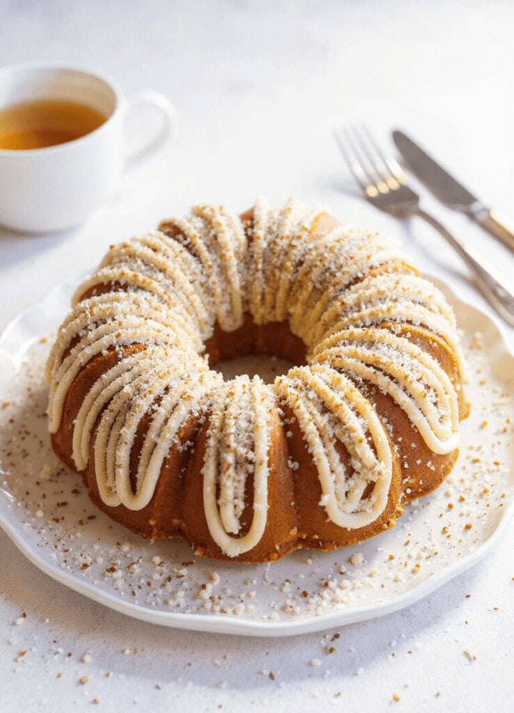 Golden Bundt Cake with Drizzle, topped with powdered sugar on a white plate, served with a cup of tea. Perfect for dessert or special occasions.