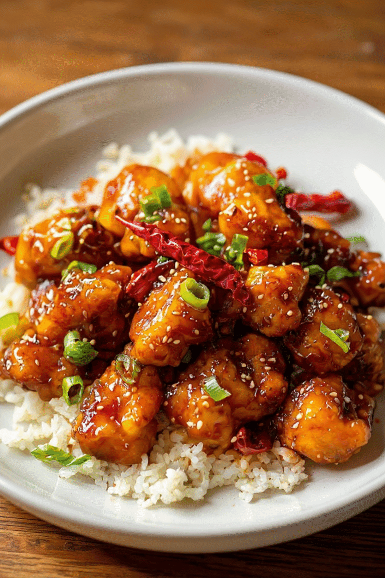 Sweet and spicy chicken stir-fry served over white rice with green onions and sesame seeds, perfect for a flavorful Asian-inspired meal.