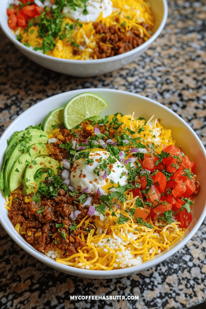 Ground beef tacos with diced tomatoes, shredded cheese, lettuce, sour cream, lime, and chopped cilantro in a white bowl, served on a granite countertop.