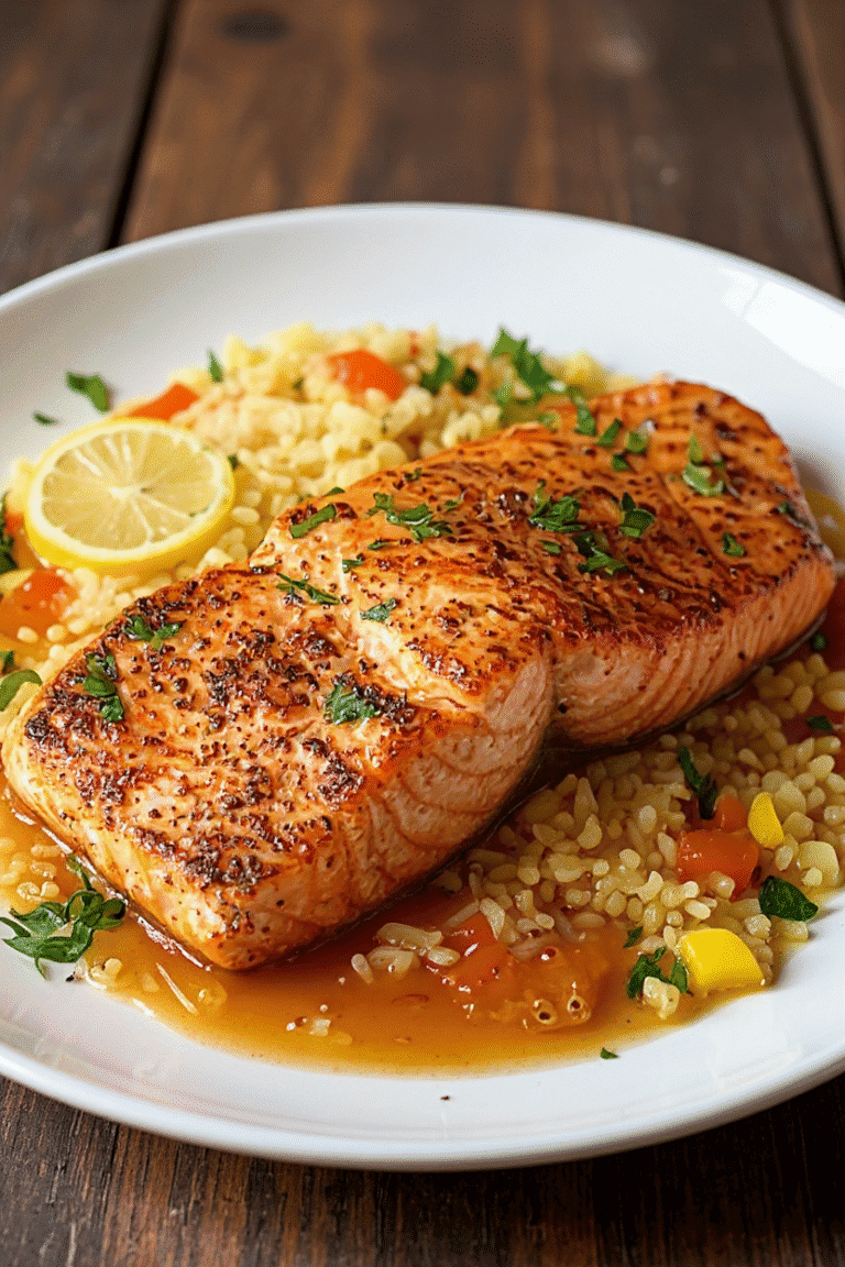 Salmon fillet with lemon and herb seasoning served over rice and vegetables on a white plate.