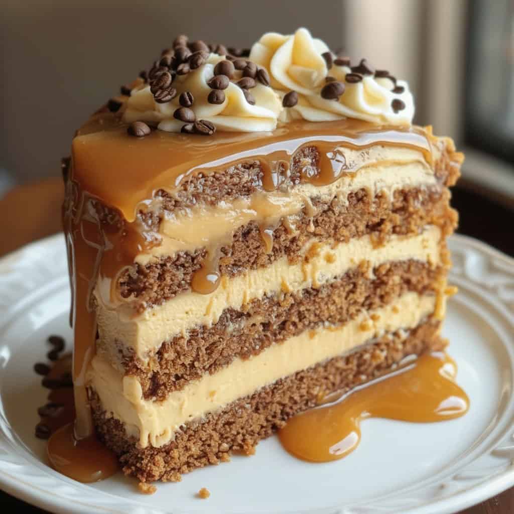 Rich caramel and chocolate layered cake with creamy frosting, topped with whipped cream and coffee beans, perfect for dessert lovers and special occasions.
