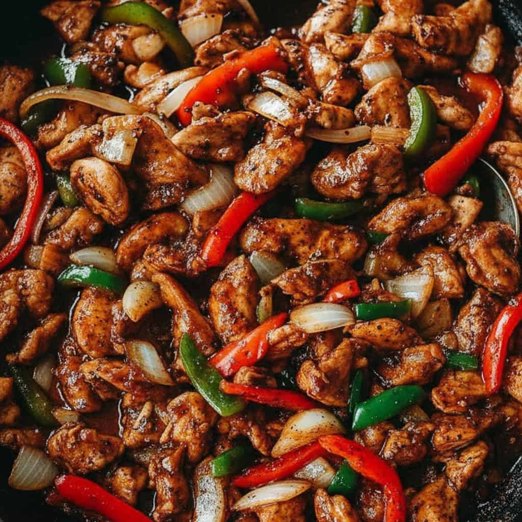 Stir-fried chicken with colorful bell peppers and onions, a delicious and easy recipe perfect for dinner or lunch, featuring savory Asian-inspired flavors from Recipestang.