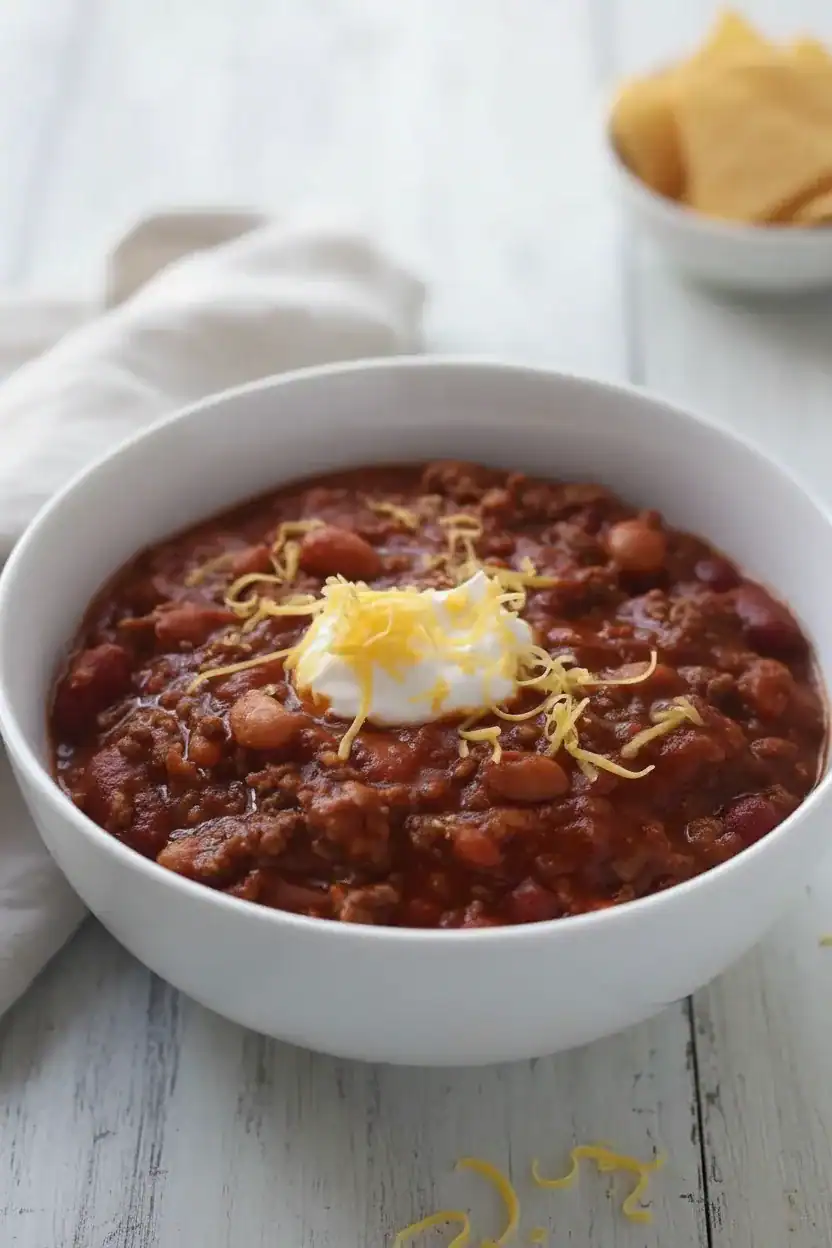 Hearty chili in a white bowl topped with shredded cheese and sour cream, served with a side of tortilla chips on a rustic white wooden table.