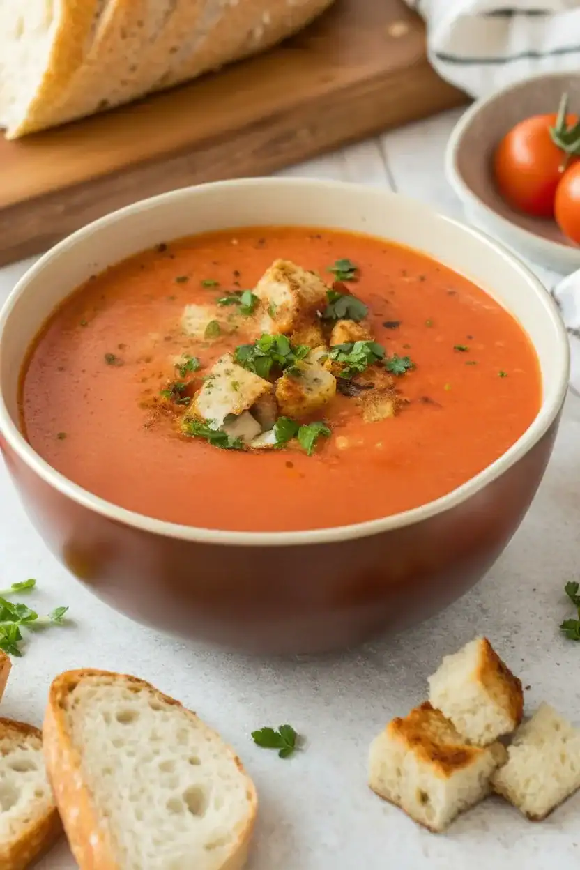 Creamy tomato soup garnished with fresh herbs and croutons, served in a rustic bowl, perfect for cozy meals and easy to prepare with simple ingredients.
