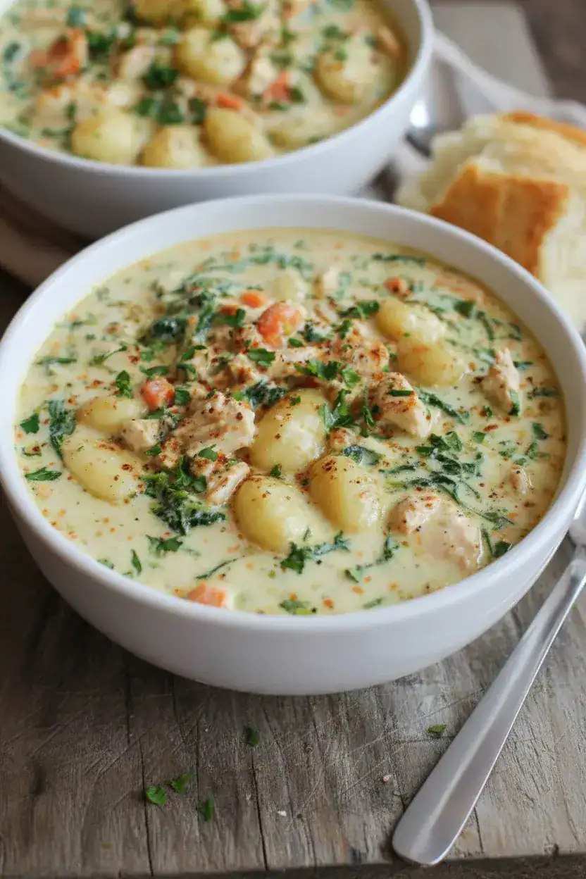 Creamy potato and chicken soup with herbs, served in a white bowl with fresh parsley and spices, alongside crusty bread. Perfect for comforting homemade meals and nutritional balance.