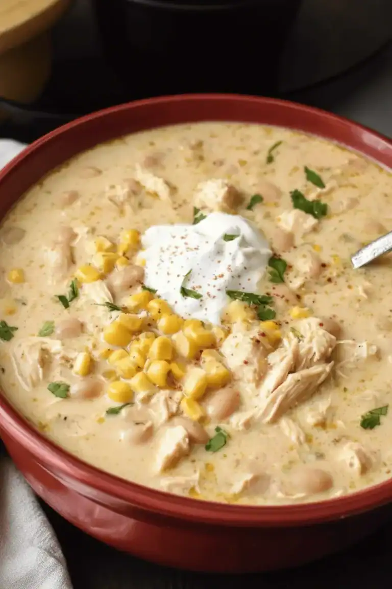 Creamy chicken corn chowder soup with shredded chicken, sweet corn, herbs, and sour cream in a red bowl, perfect for hearty comfort food.
