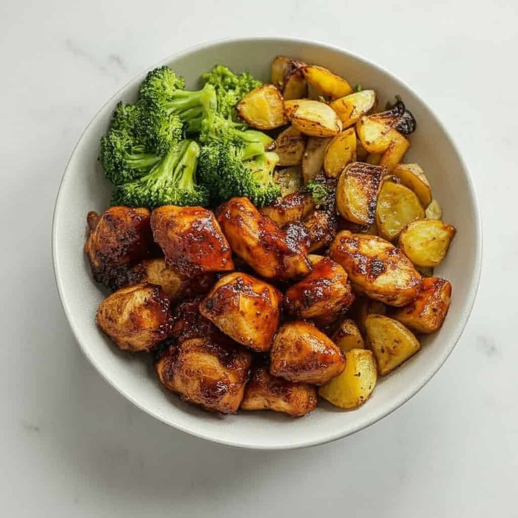 Sautéed chicken bites with roasted potatoes and fresh broccoli on a white plate, perfect for healthy meal options and nutritious recipes.