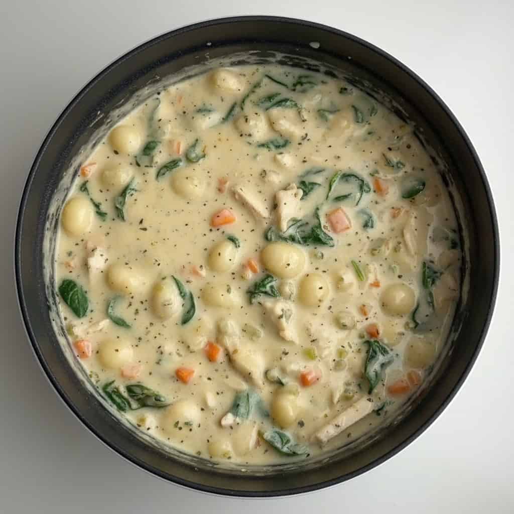 Creamy chicken and vegetable chowder in a black bowl, featuring pasta, carrots, spinach, and tender chicken pieces, garnished with fresh herbs, perfect for comfort food and meal prep.