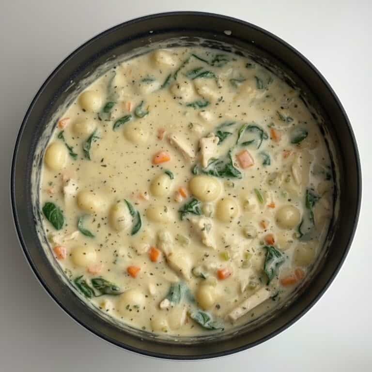 Creamy chicken and vegetable stew with herbs in a black bowl, featuring tender chicken, peas, carrots, and spinach in a rich, savory broth. Perfect comfort food recipe.