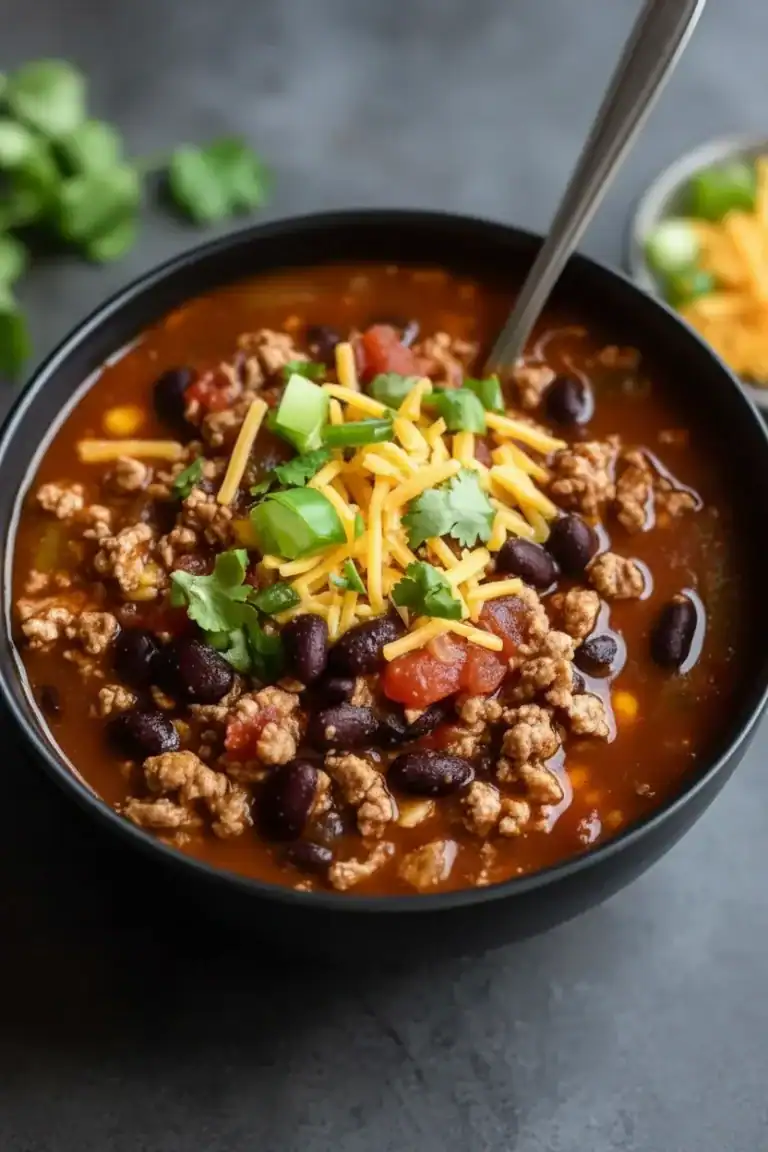 Rich beef and black bean chili in a black bowl garnished with shredded cheese, chopped green onions, and cilantro, served on a dark surface with fresh ingredients in the background.