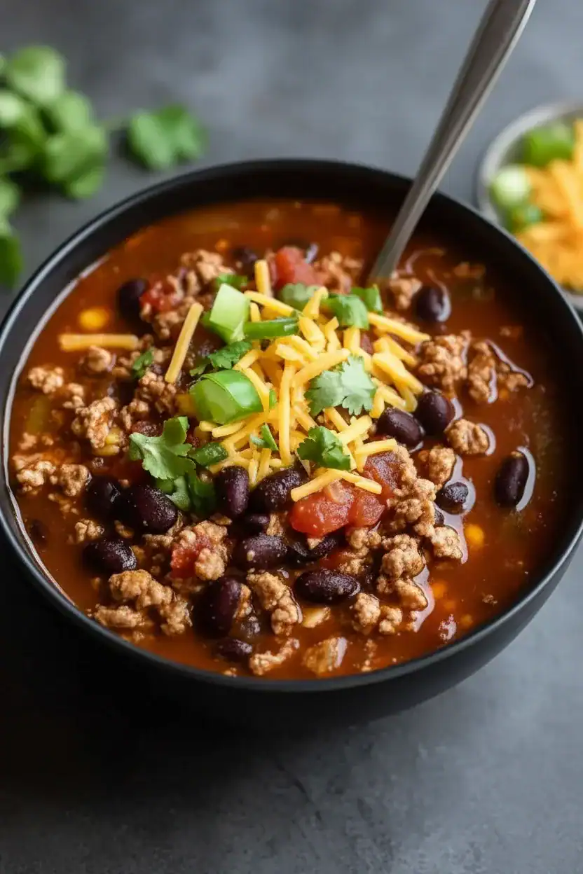 Rich beef and black bean chili in a black bowl garnished with shredded cheese, chopped green onions, and cilantro, served on a dark surface with fresh ingredients in the background.