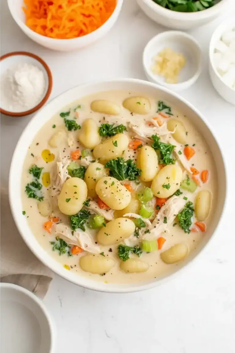 Creamy chicken and gnocchi soup with vegetables and herbs in a white bowl, served with side dishes of shredded carrots, chopped greens, and condiments. Healthy homemade comfort food.
