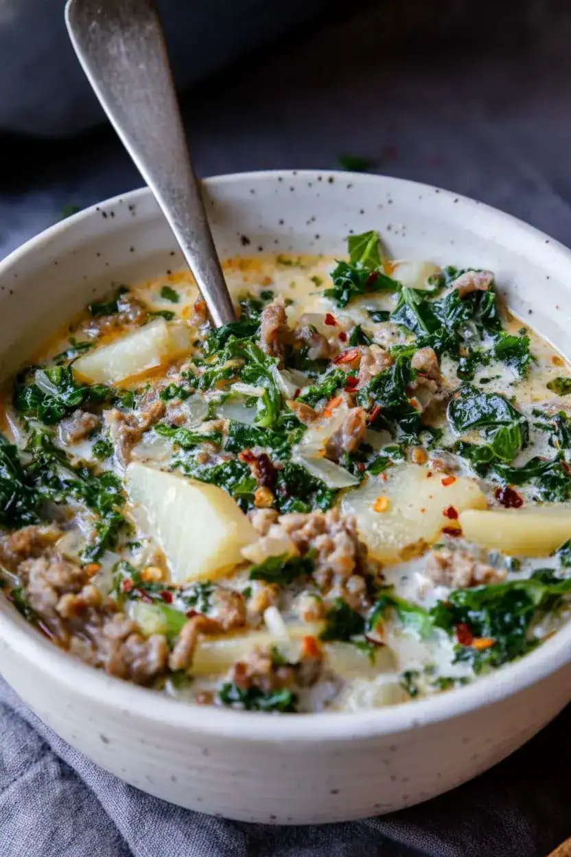 Creamy kale and potato soup in a white bowl with herbs and spices, served with a spoon for a hearty, nutritious meal.