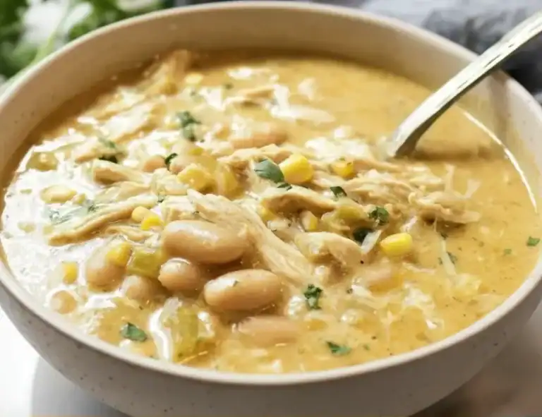 Creamy chicken and bean soup with corn and herbs in a white bowl, perfect for cozy meals. Made with tender chicken, white beans, corn, and fresh herbs in a flavorful broth.