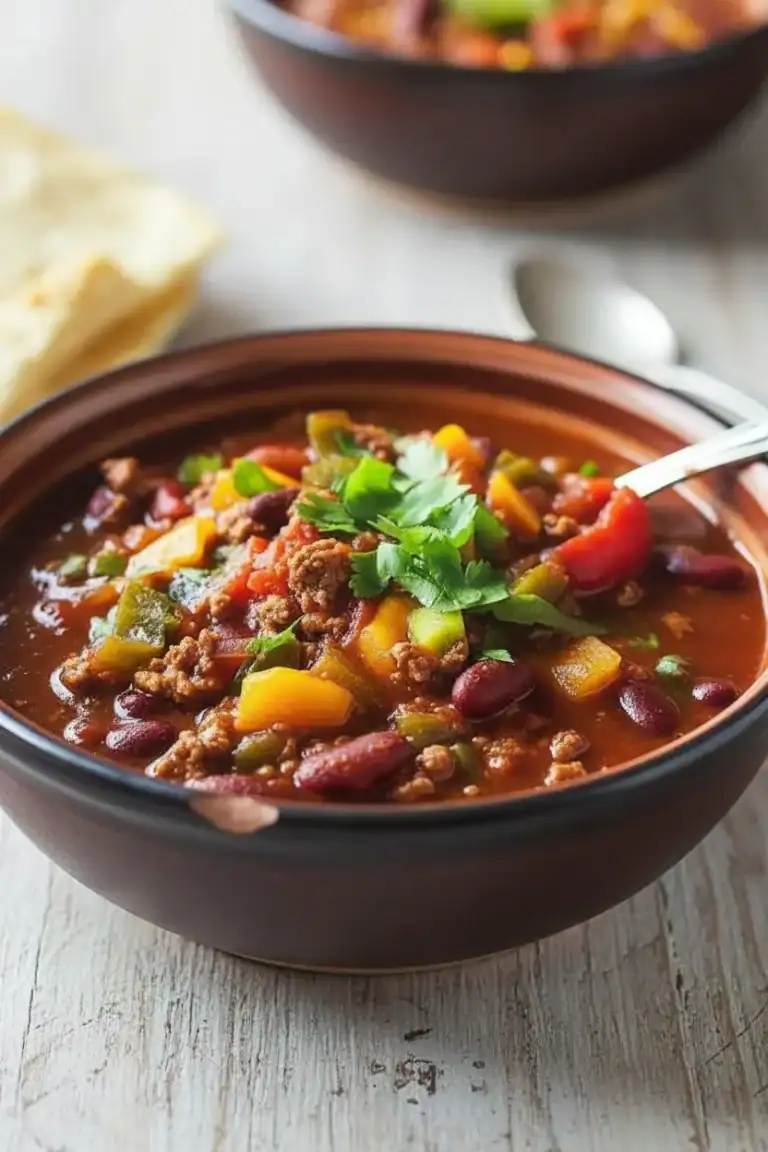Savory beef chili with beans and vegetables in a dark bowl, close-up of homemade chili recipe rich in flavors, perfect for comfort food or family dinners, healthy and hearty meal options.