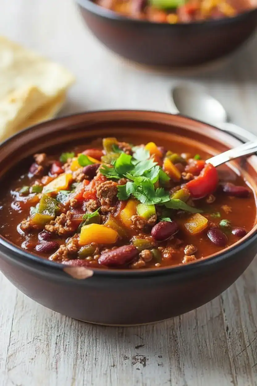 Savory beef chili with beans and vegetables in a dark bowl, close-up of homemade chili recipe rich in flavors, perfect for comfort food or family dinners, healthy and hearty meal options.