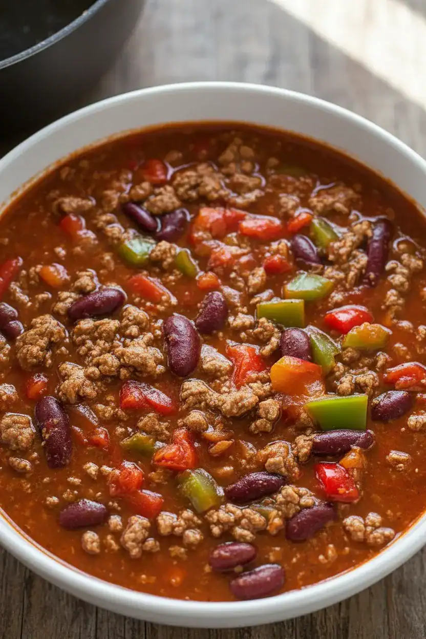 Ground beef chili with kidney beans, bell peppers, and tomatoes in a white bowl on rustic wooden surface. Perfect comfort food, easy to make with Recipestang recipes.