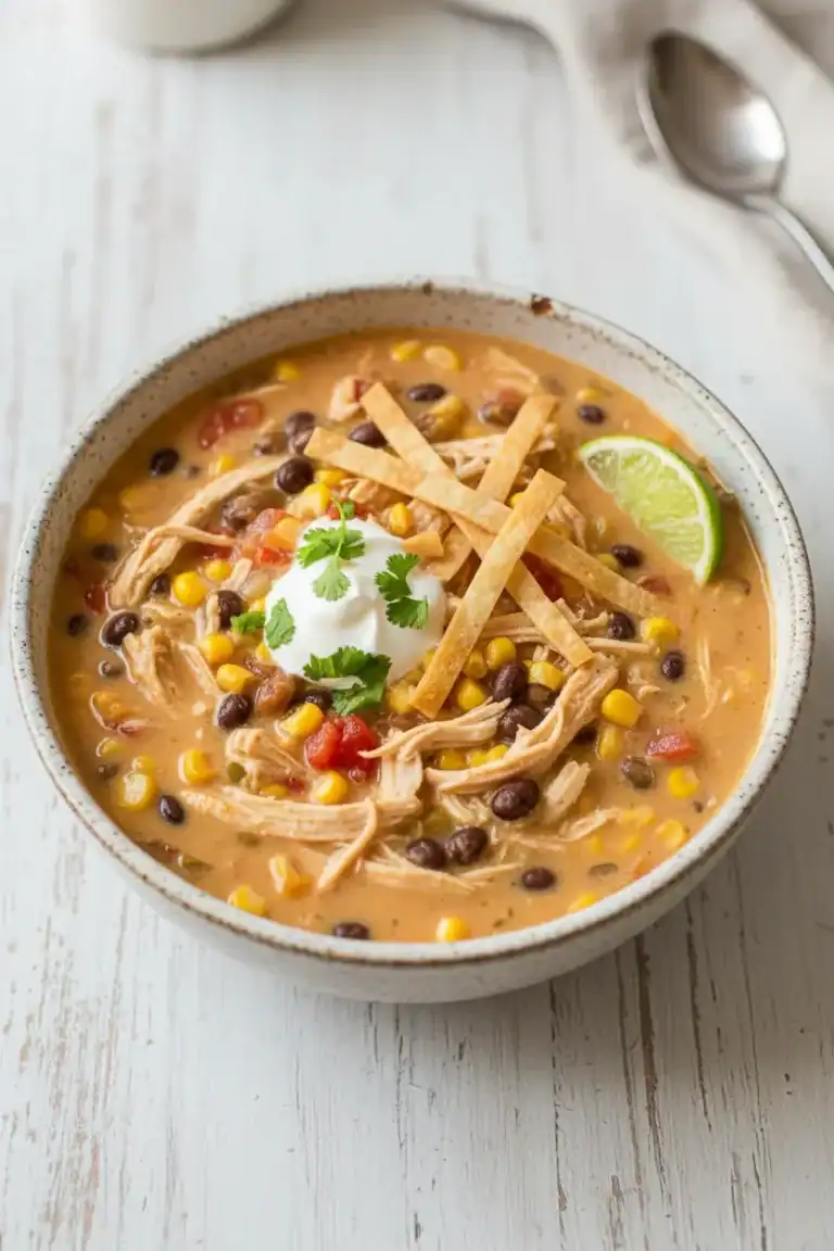 Creamy chicken and black bean soup with corn, tomatoes, cilantro, shredded chicken, lime wedge, and crispy tortilla strips in a rustic bowl, perfect for comforting meals.