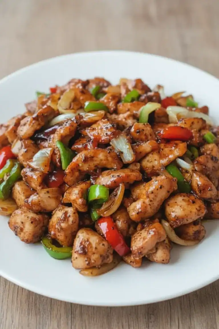 Sliced chicken stir-fry with bell peppers, onions, and flavorful sauce on a white plate, showcasing a colorful and appetizing Asian-inspired dish.