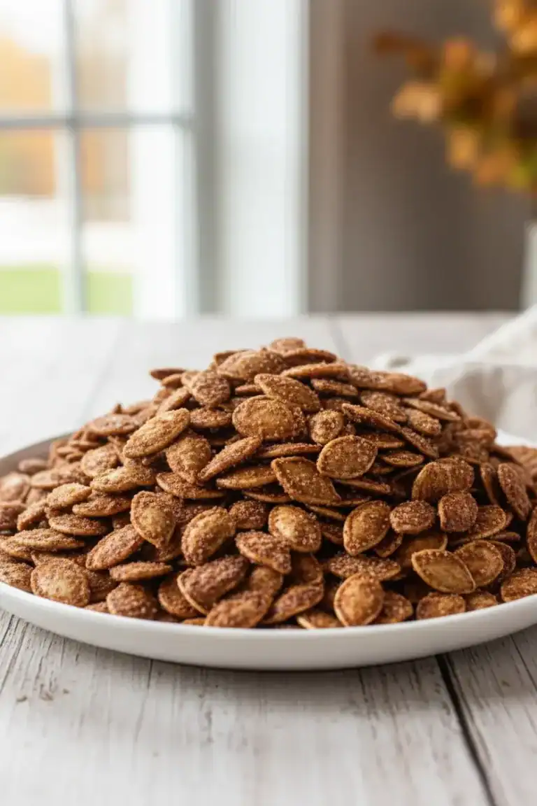 Roasted pumpkin seeds on a white plate for healthy snacking and cooking ingredients.