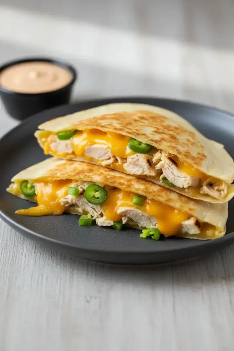 Cheesy chicken quesadilla with green onions on a black plate, served with a side of dipping sauce. Perfect for quick meals or snacks, featuring melted cheese, tender chicken, and crispy tortilla in a delicious recipe.