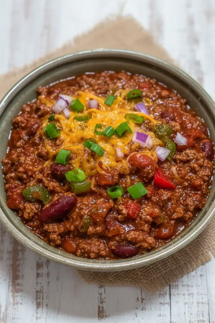Savory beef chili topped with melted cheese, diced onions, and green onions in a ceramic bowl, perfect for hearty comfort food and easy recipes.