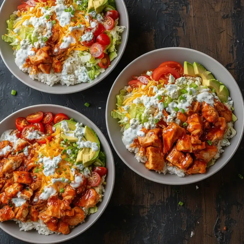 Delicious chicken burrito bowls with rice, fresh vegetables, avocado, shredded cheese, and creamy dressing for a flavorful meal. Perfect for lunch or dinner, packed with wholesome ingredients.