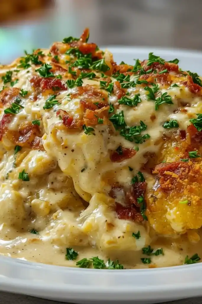 Delicious creamy chicken casserole topped with bacon, cheese, and fresh herbs, perfect for a comforting meal. Easy to prepare with simple ingredients, ideal for family dinners.
