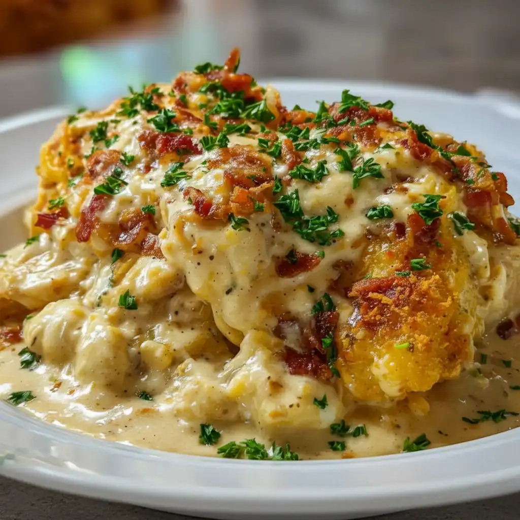 Delicious baked chicken casserole topped with crispy bacon, fresh herbs, and melted cheese, served in a white dish. Perfect comfort food for family dinners and special occasions.