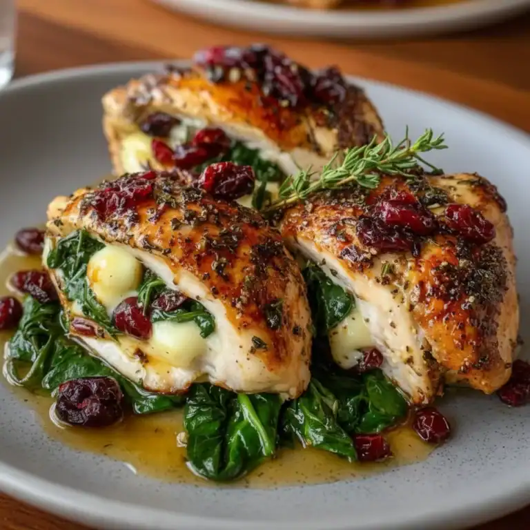 Juicy, flavorful chicken breasts topped with cranberries and fresh herbs, served over sautéed greens for a healthy and delicious meal. Perfect for quick weeknight dinners or special occasions.