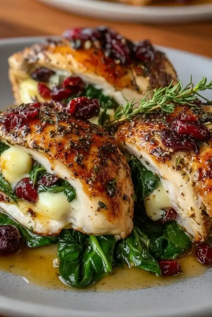 Juicy baked chicken breast with cranberry sauce, fresh herbs, and spinach, served on a stylish plate. Perfect for a hearty, flavorful meal with seasonal ingredients.