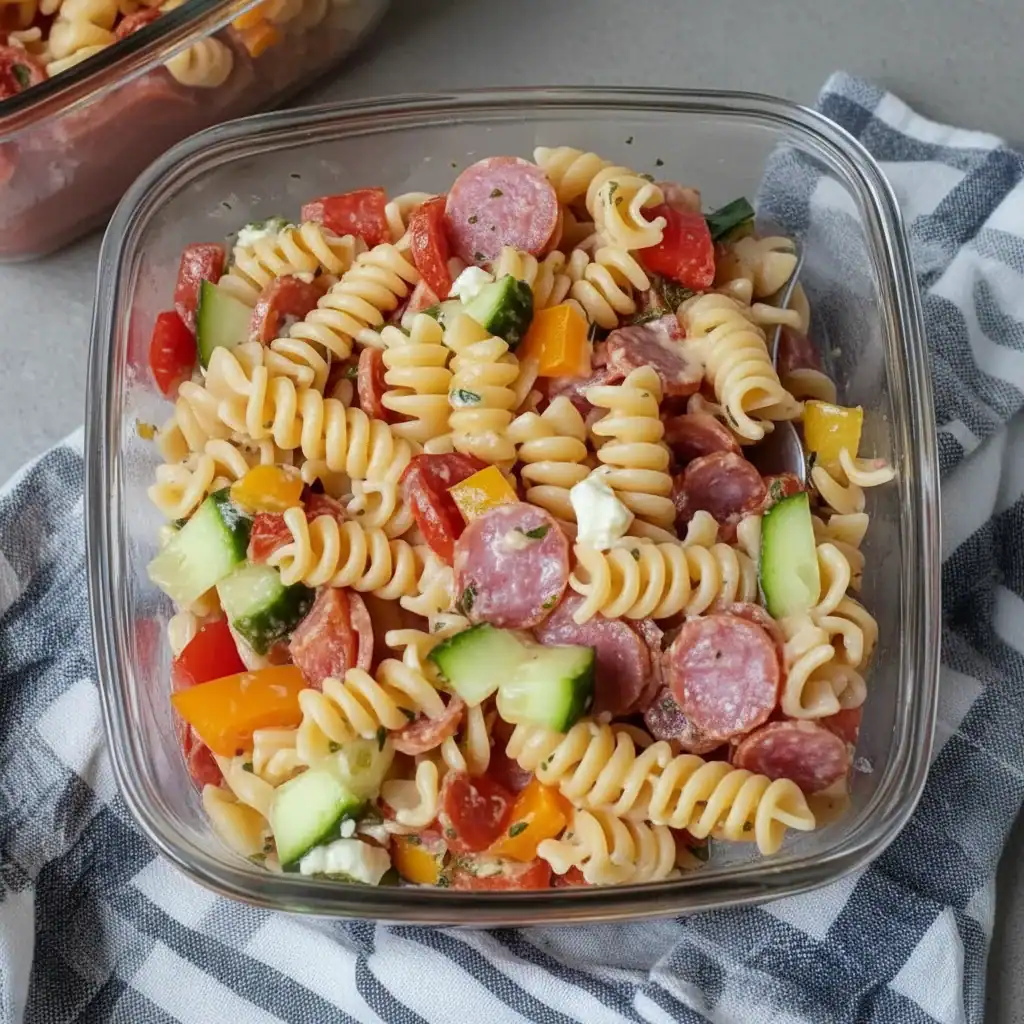Fresh homemade pasta salad with rotini, sliced sausage, cucumbers, peppers, and cherry tomatoes in a light dressing. Perfect for picnics, lunches, or dinner. Easy, flavorful, and colorful.
