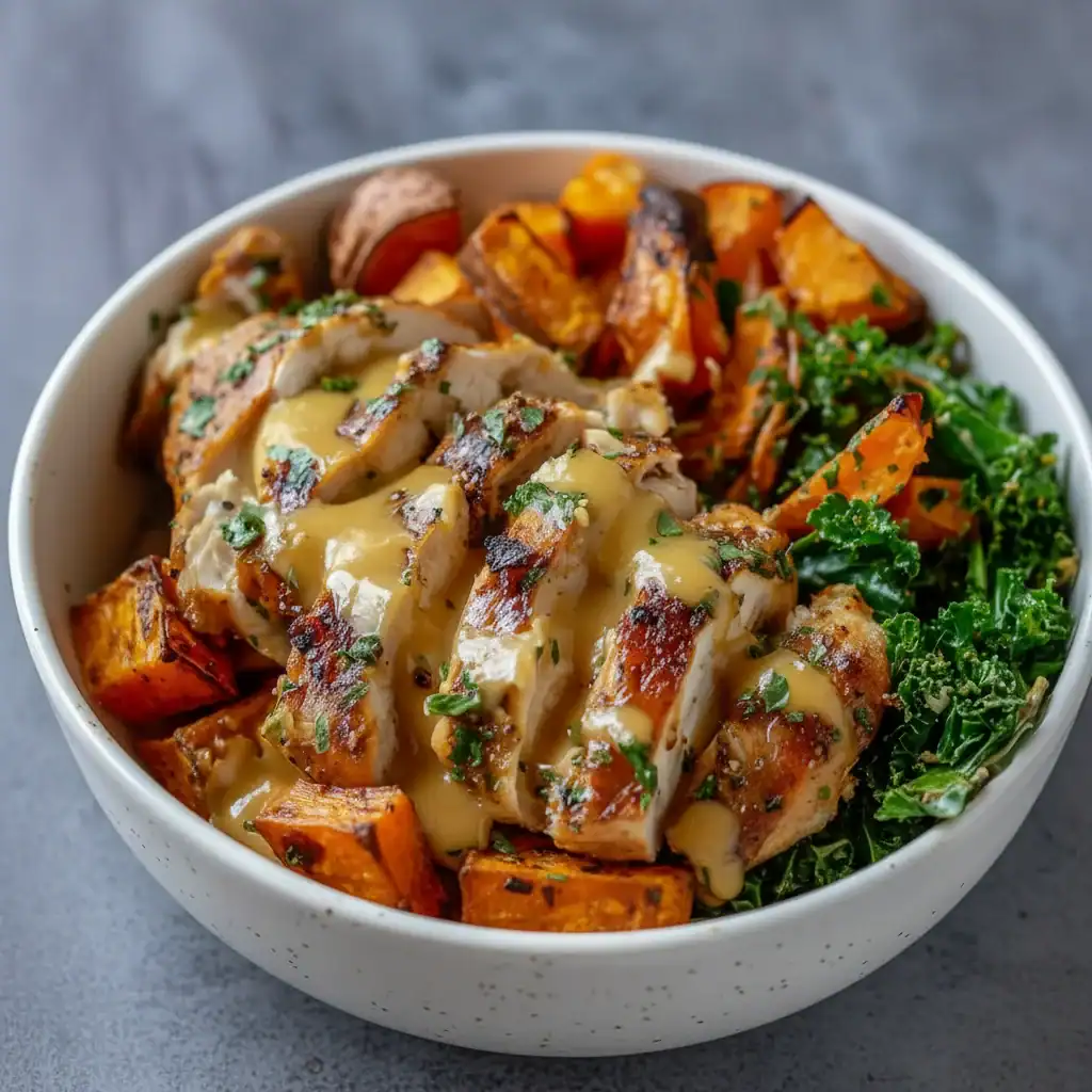 Delicious grilled chicken sliced on a bed of roasted sweet potatoes, leafy greens, and colorful vegetables, topped with creamy sauce and fresh herbs.