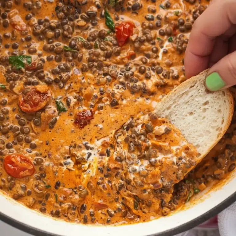 A hearty, flavorful lentil stew with tomatoes, herbs, and spices served alongside a slice of bread. Perfect for a nutritious, comforting meal that's easy to prepare at home.