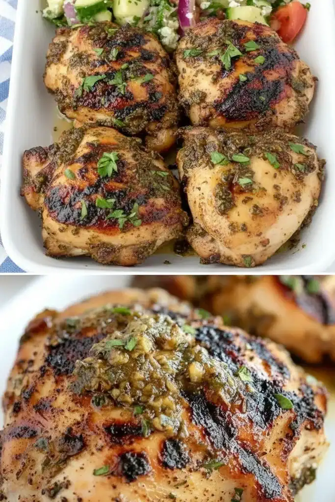 Juicy grilled chicken thighs covered in a flavorful herb marinade with a crispy charred exterior.
