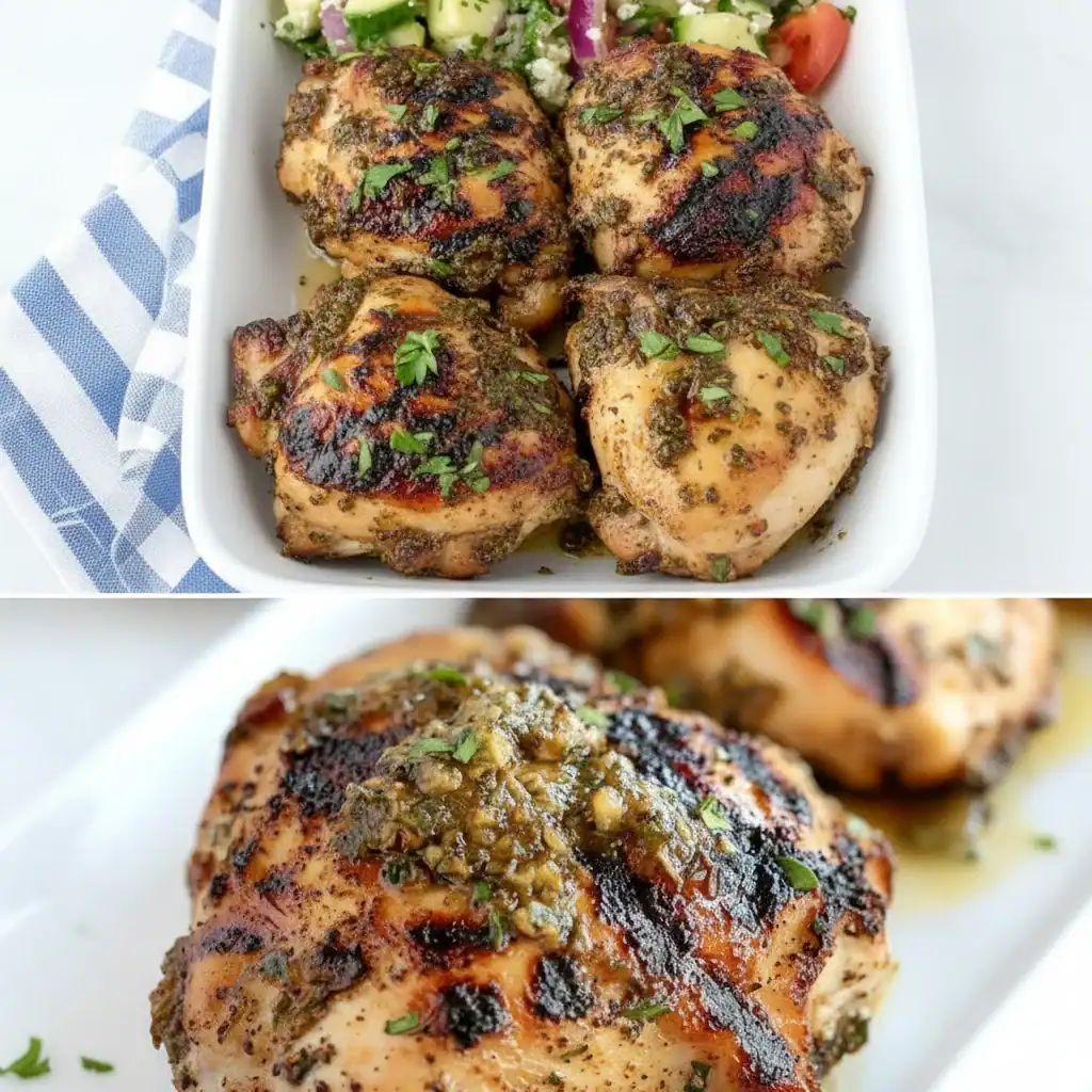 Juicy grilled chicken thighs topped with herbs and spices, perfect for a flavorful meal. Deliciously seasoned and cooked to perfection, ideal for dinner or lunch options.
