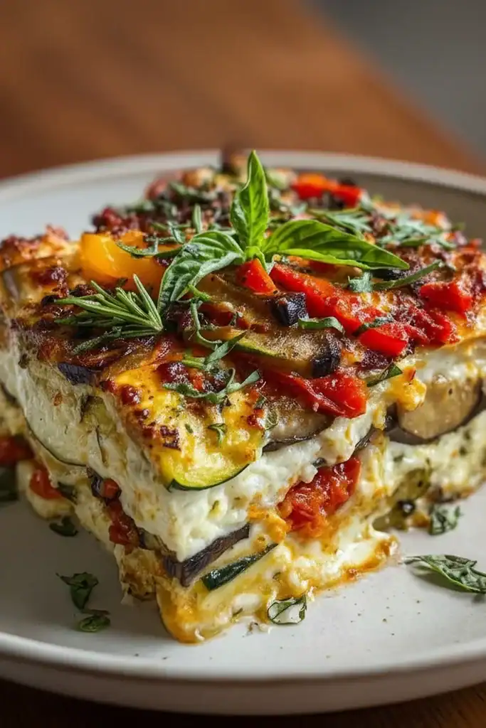 Freshly baked vegetable lasagna with layers of zucchini, bell peppers, eggplant, and melted cheese, topped with basil. Perfect for vegetarian meal lovers and pasta enthusiasts.