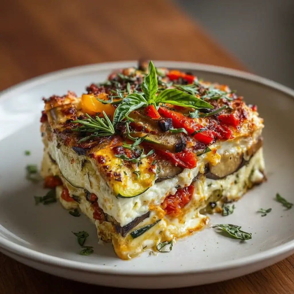 Vegetarian lasagna with fresh herbs, cheese, eggplant, zucchini, and red peppers served on a white plate.