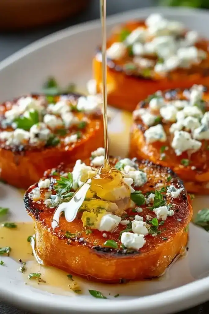 Roasted Sweet Potato Rounds Honey Feta