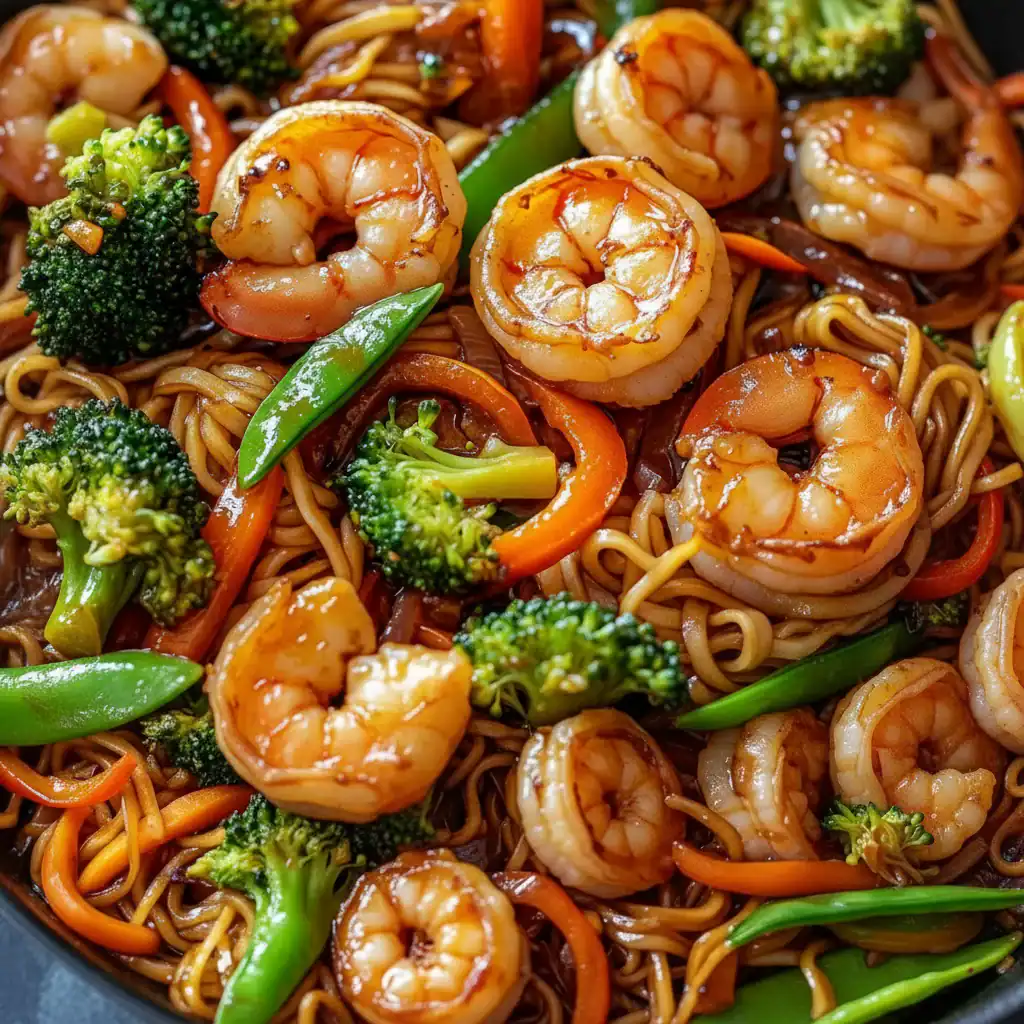 Vibrant shrimp and vegetable stir-fry with broccoli, carrots, and peppers on noodles, showcasing a delicious Asian-inspired dish perfect for fast and healthy meals.