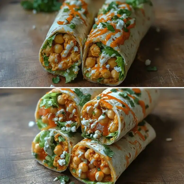 Delicious chickpea wraps filled with seasoned chickpeas, fresh greens, and creamy sauces, garnished with herbs. Perfect for a quick, flavorful, and nutritious meal.