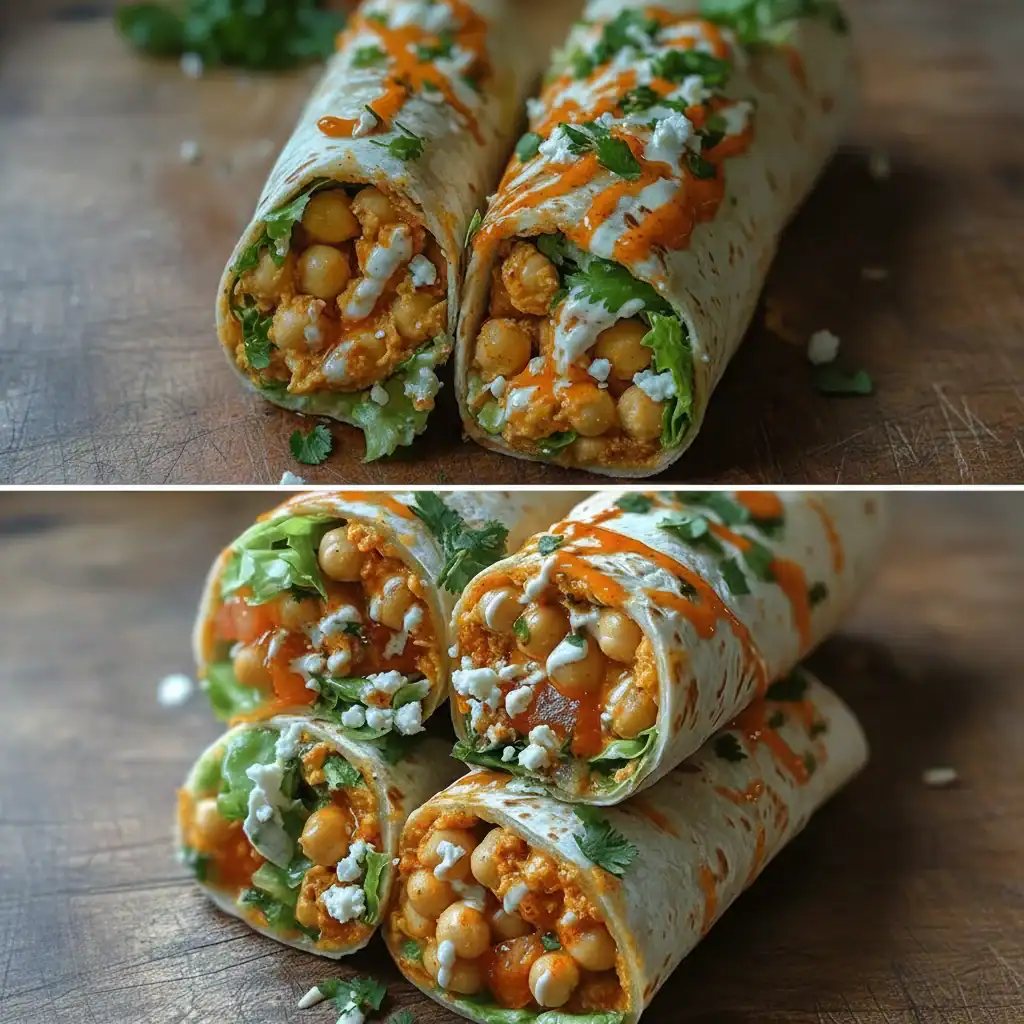 Delicious chickpea wraps filled with seasoned chickpeas, fresh greens, and creamy sauces, garnished with herbs. Perfect for a quick, flavorful, and nutritious meal.