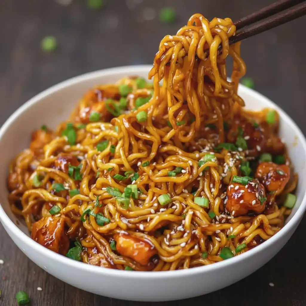 Delicious stir-fried noodles tossed with chicken, vegetables, and savory sauce, garnished with chopped green onions, served in a white bowl—perfect for takeout or home-cooked Asian cuisine.